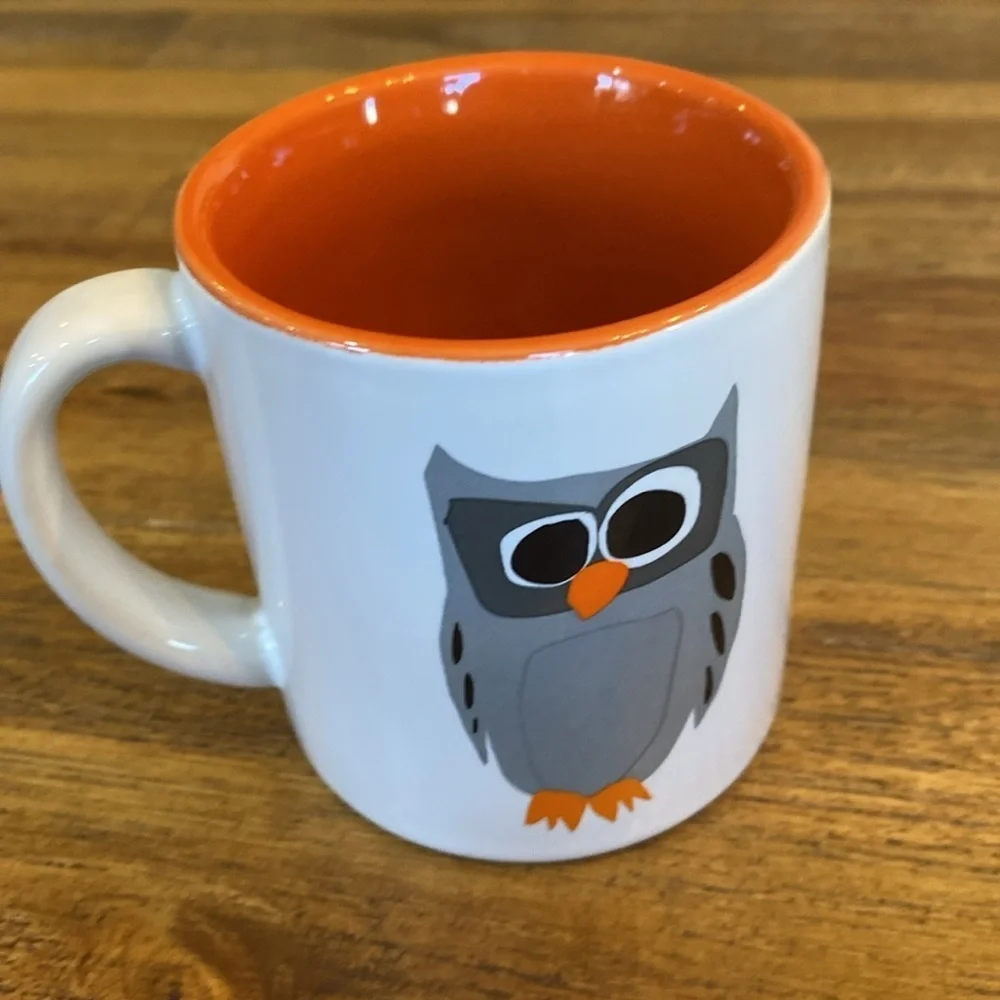 Crate & Barrell small grey owl mug. 8 ounce capacity. White w/orange interior.